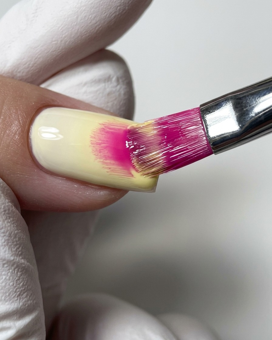 Un pincel de uñas con cerdas teñidas de rosa aplicando esmalte en gel amarillo pastel sobre una base de gel transparente.