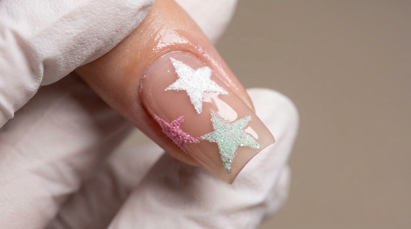 Uñas de Verano Estilo Macaron: Estrellas de Azúcar y Efecto Cromo Perlado