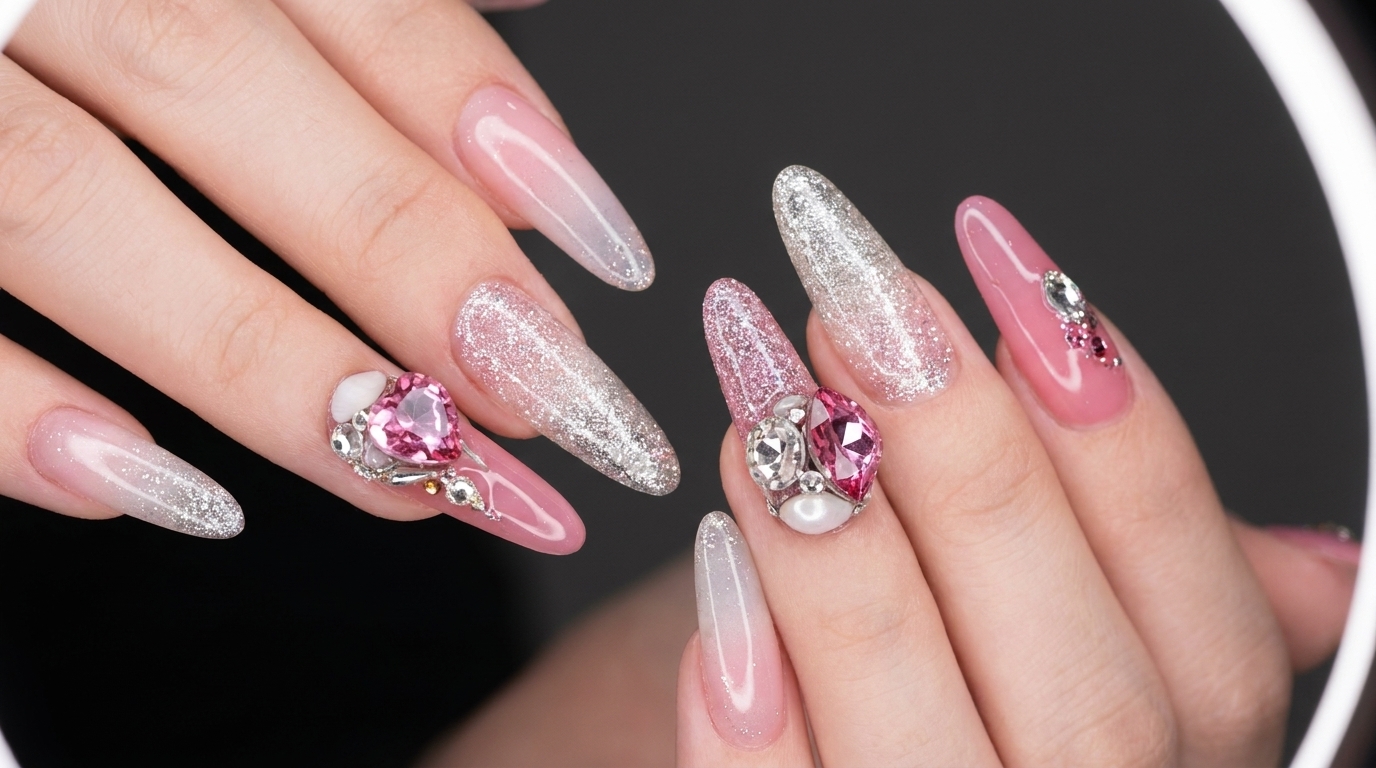 Uñas Almendradas Largas con Pedrería Rosa y Brillo Plateado — Diseño Paso a Paso