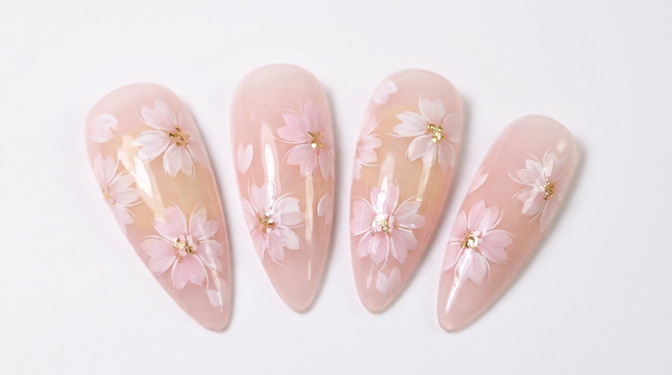 Cuatro uñas de gel con forma de stiletto que presentan una base rosa lechosa translúcida adornada con flores de cerezo pintadas a mano y detalles dorados en el centrocite: 1.