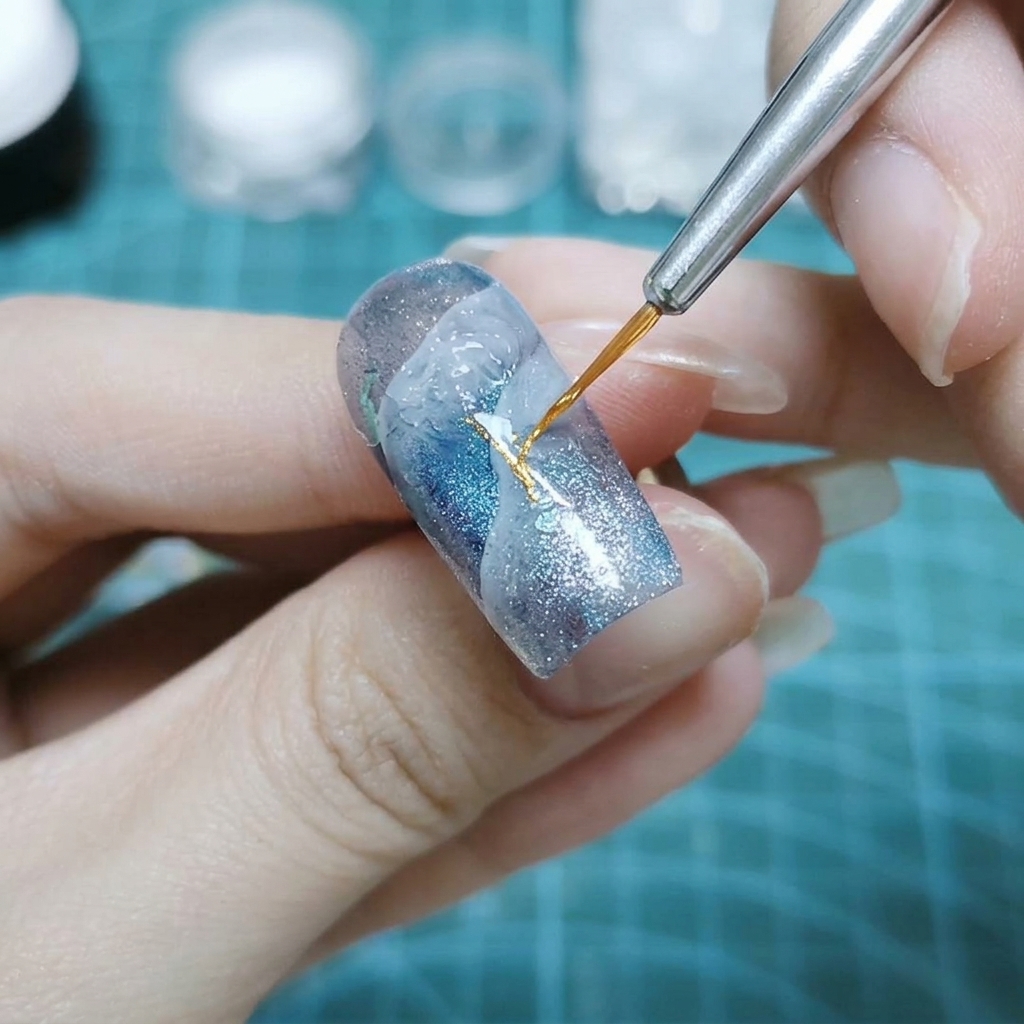 Una mano usando un pincel delgado de detalles para aplicar gel transparente en el centro de una uña pintada de azul y blanco.