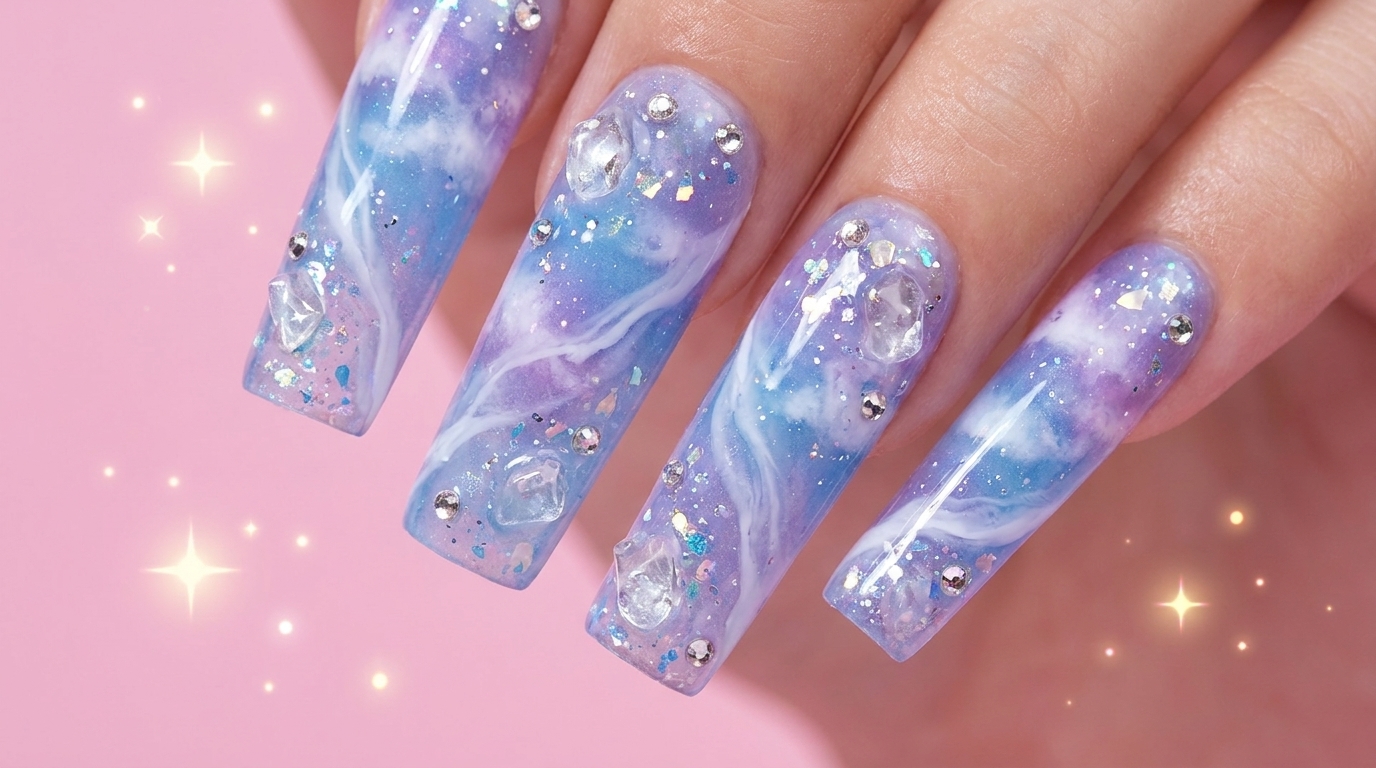 Uñas Decoradas Estilo Nube Ensueño en Azul y Morado con Cristales 3D