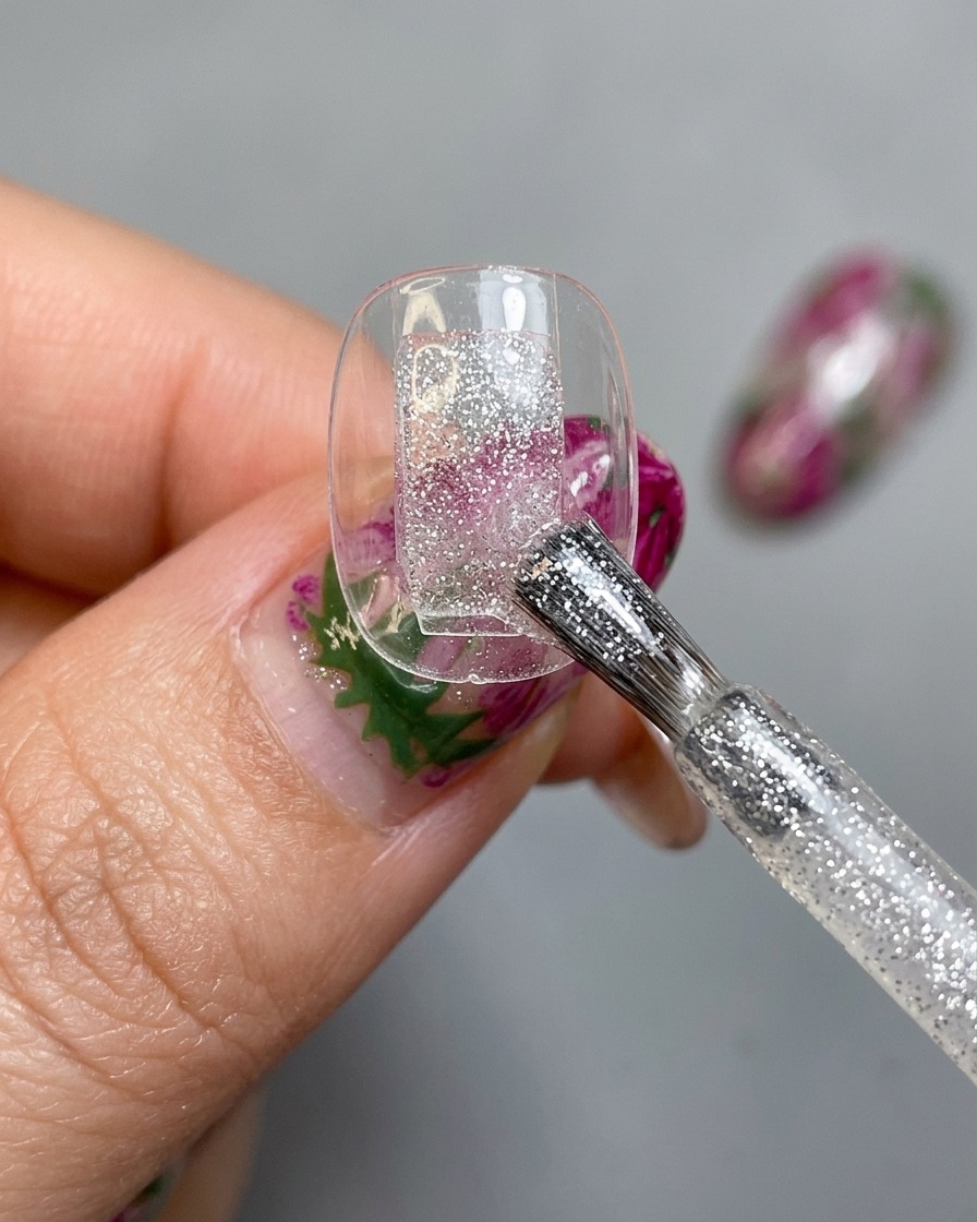 Un pincel aplicando una base de gel ojo de gato plateado brillante sobre un tip transparente en un soporte.