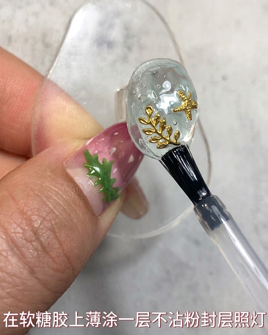 Un pincel de uñas descansando cerca de una capa de top coat completada en un diseño de uñas estilo Atlantis.