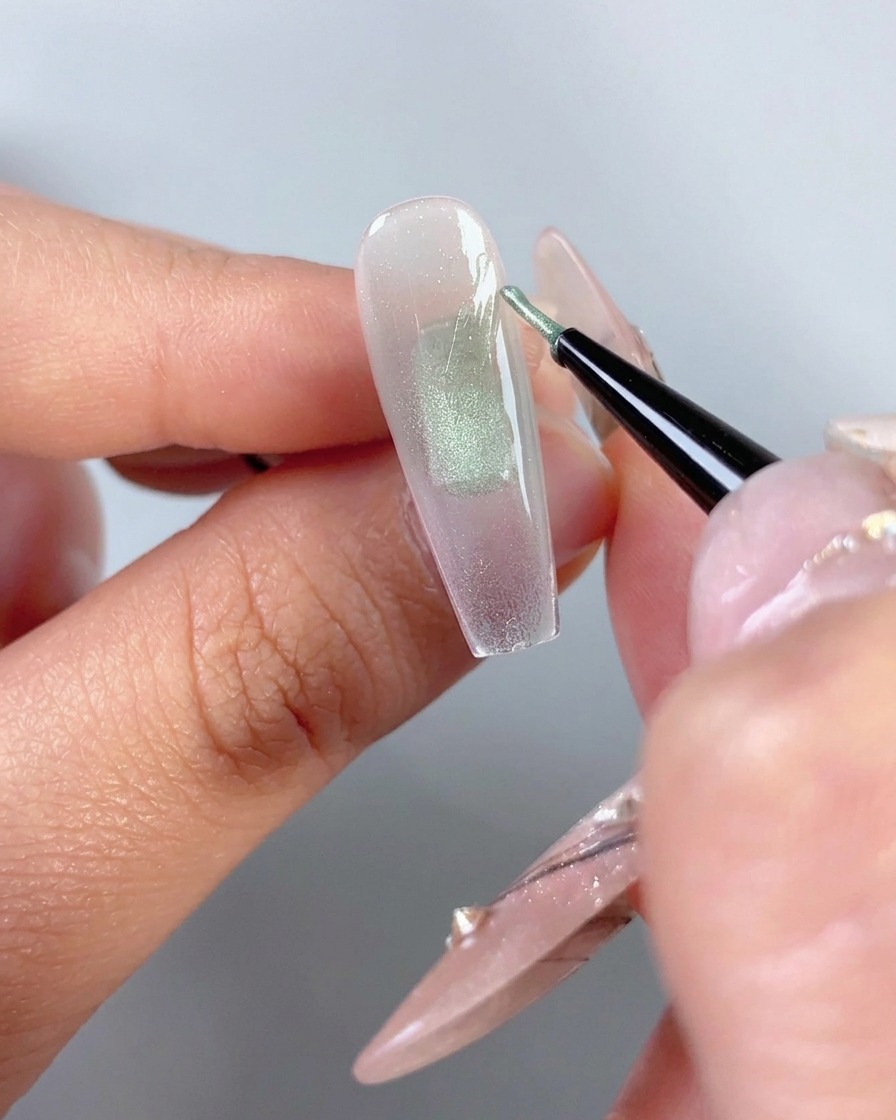 Un pincel delineador fino aplicando esmalte en gel de ojo de gato verde con la forma de un ala de media mariposa en el lado derecho de la punta de una uña transparente.