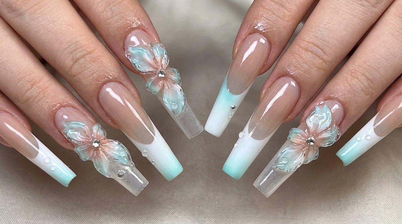 Uñas Francesas Degradadas en Azul con Flores de Hielo — Tutorial Paso a Paso