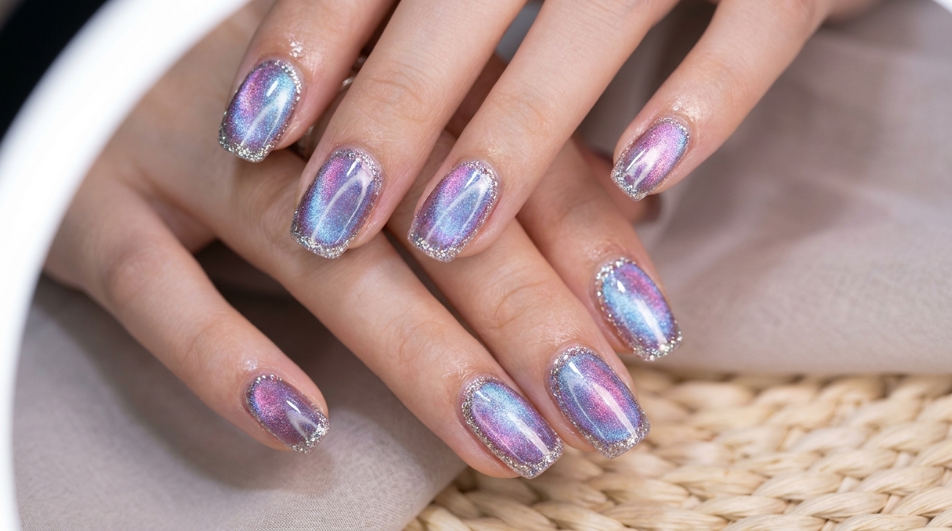 Primer plano de uñas de ojo de gato azul y morado con efecto aurora brillante, con un brillo central y bordes delineados con purpurina flash.