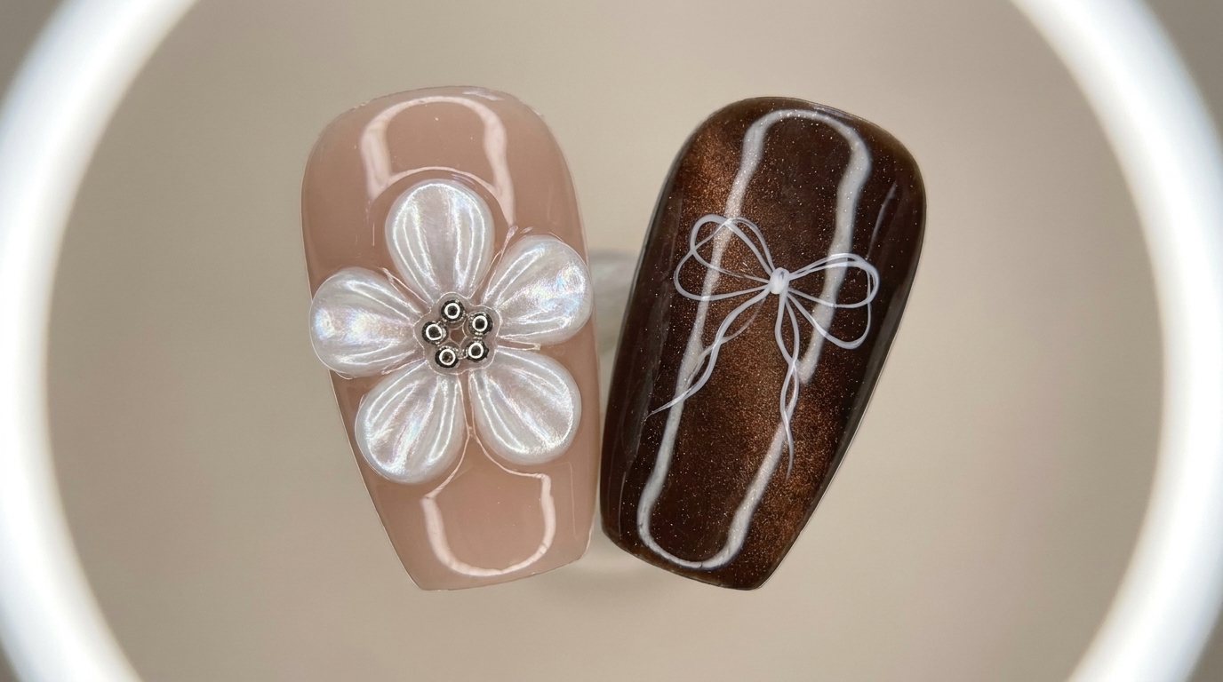 Una vista cercana de uñas postizas estéticas terminadas que presentan una flor de perla esculpida en 3D sobre una base nude y un lazo con contorno blanco fino sobre un fondo de ojo de gato magnético marrón oscuro.