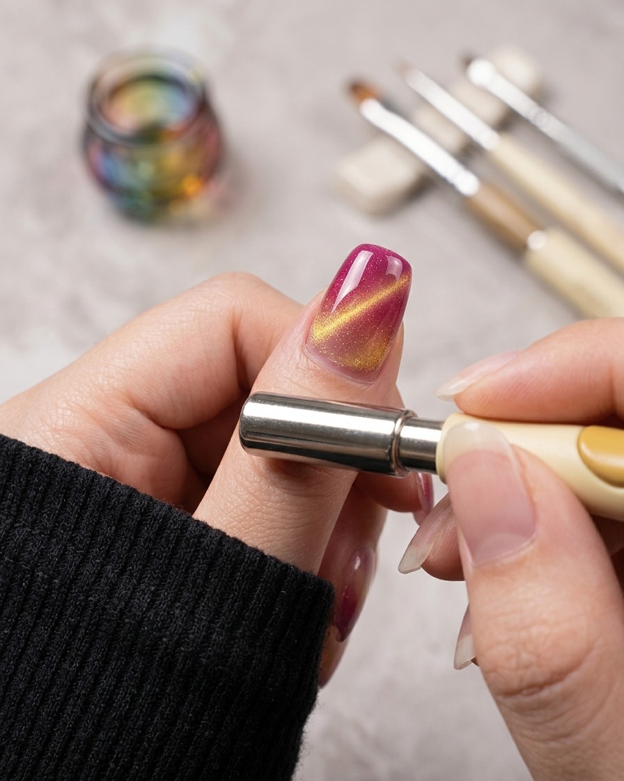 Una mano sosteniendo una varita magnética horizontalmente junto a una uña brillante para moldear una tira brillante de cat eye dorado sobre una base rosa.