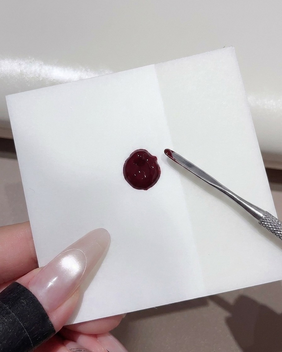 Una espátula de metal mezclando una porción de esmalte en gel rojo oscuro en una hoja de paleta blanca cuadrada.