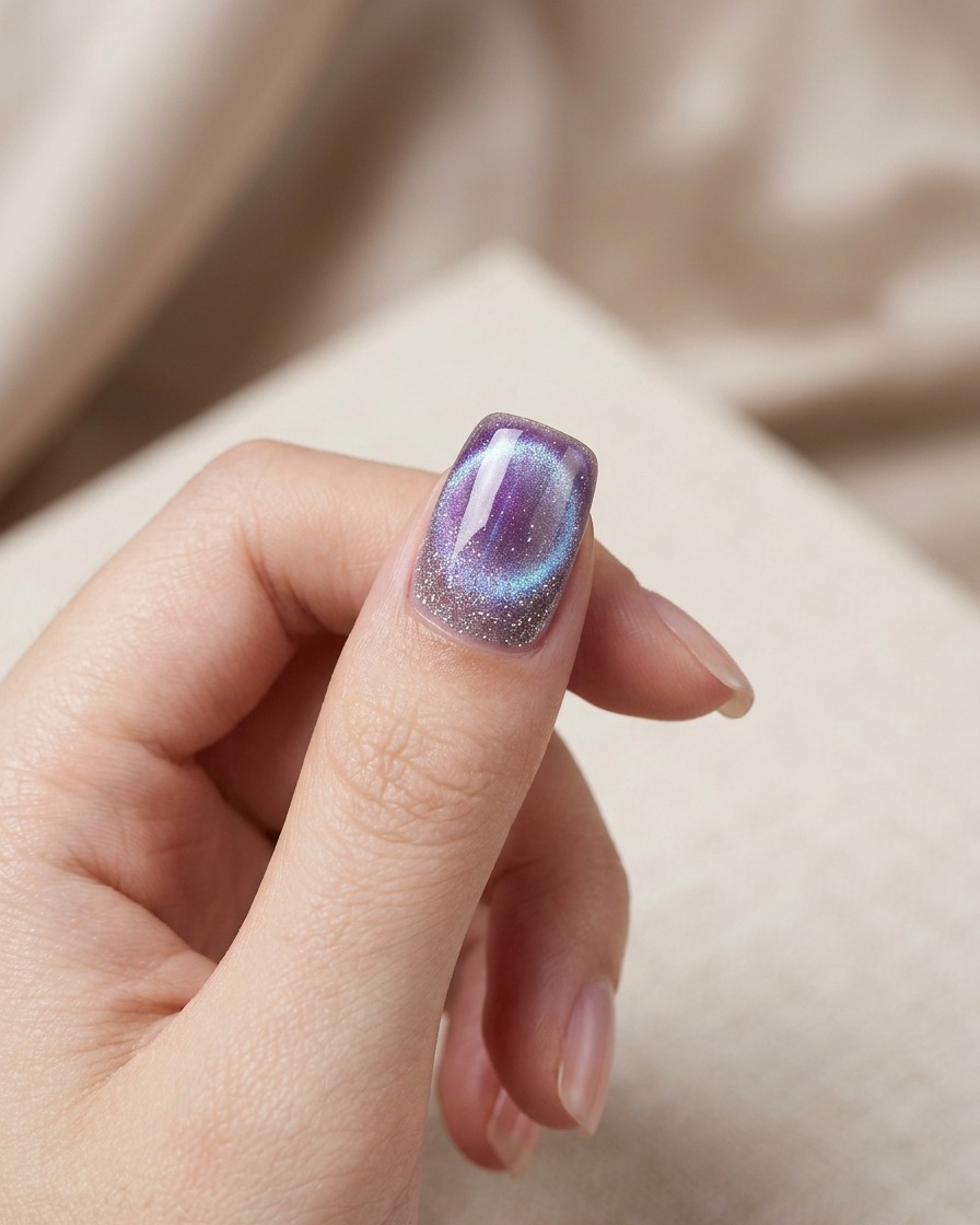Una mano posicionada bajo una lámpara de uñas UV/LED compacta curando un diseño de uña ojo de gato morado.