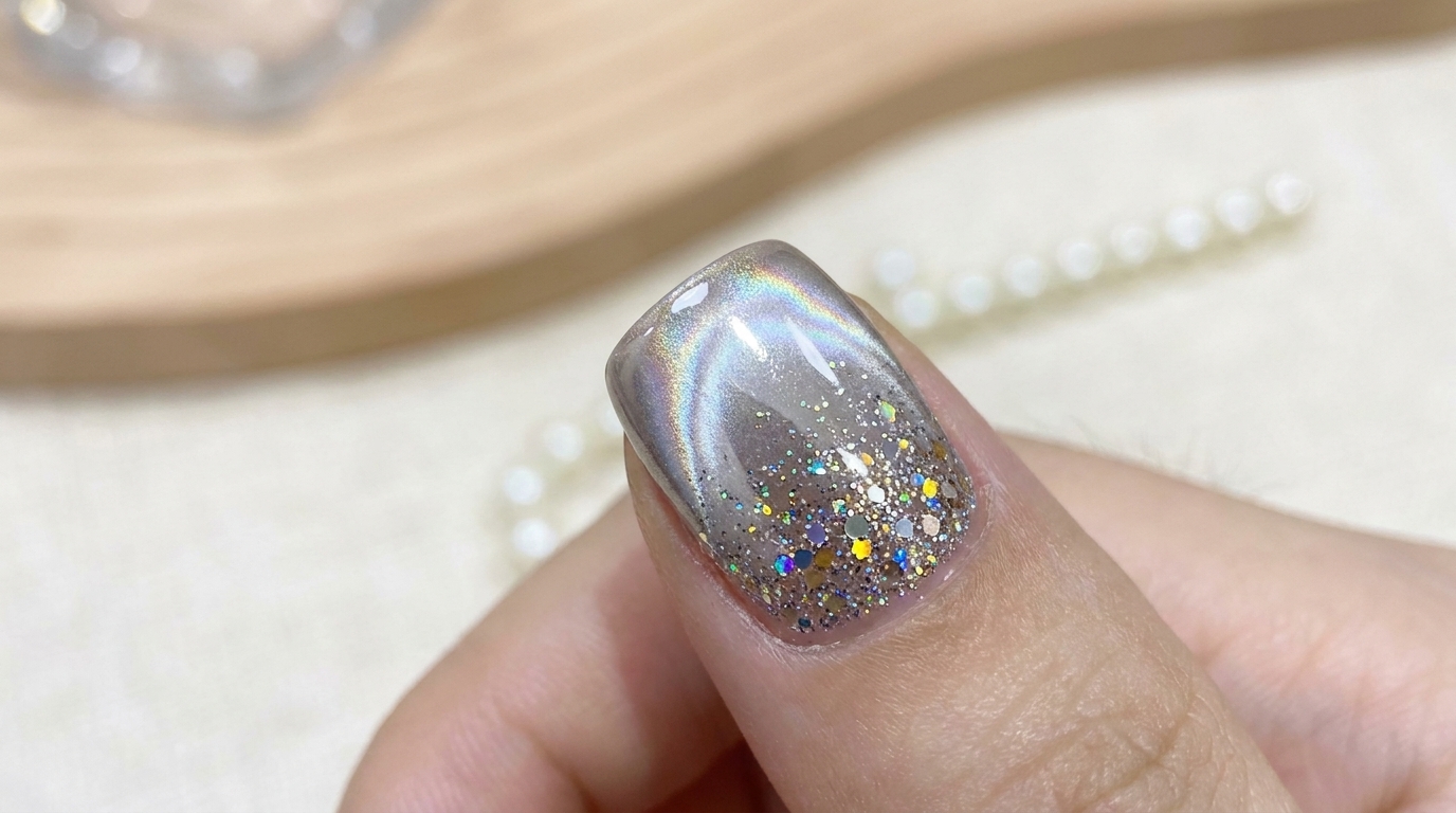 Primer plano de la uña terminada de aurora cromo plateado y glitter en el pulgar, exhibida contra la muñeca con reflejos de luz brillantes.
