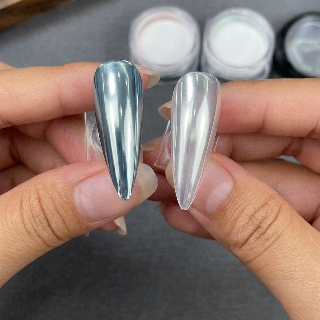 Dos puntas de uñas stiletto sostenidas una al lado de la otra, una con base negra y otra transparente, ambas terminadas con polvo de chapado en cristal plateado altamente reflectante.