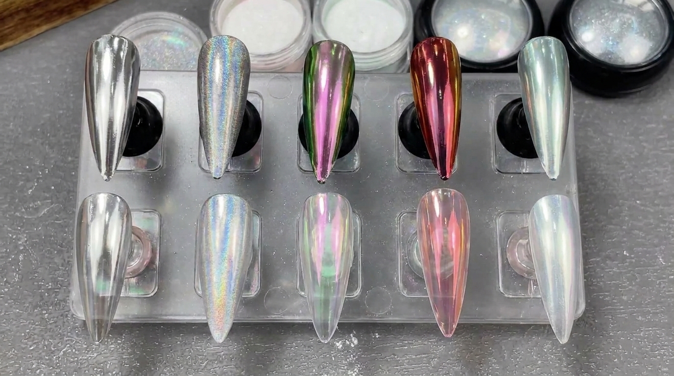 Comparativa de cinco efectos de polvo para uñas: Tutorial de polvo cromado, aurora y láser