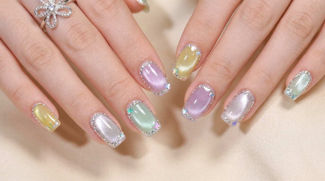 Diseño de uñas colorido de verano con efecto ojo de gato y borde de diamantes — Tutorial paso a paso