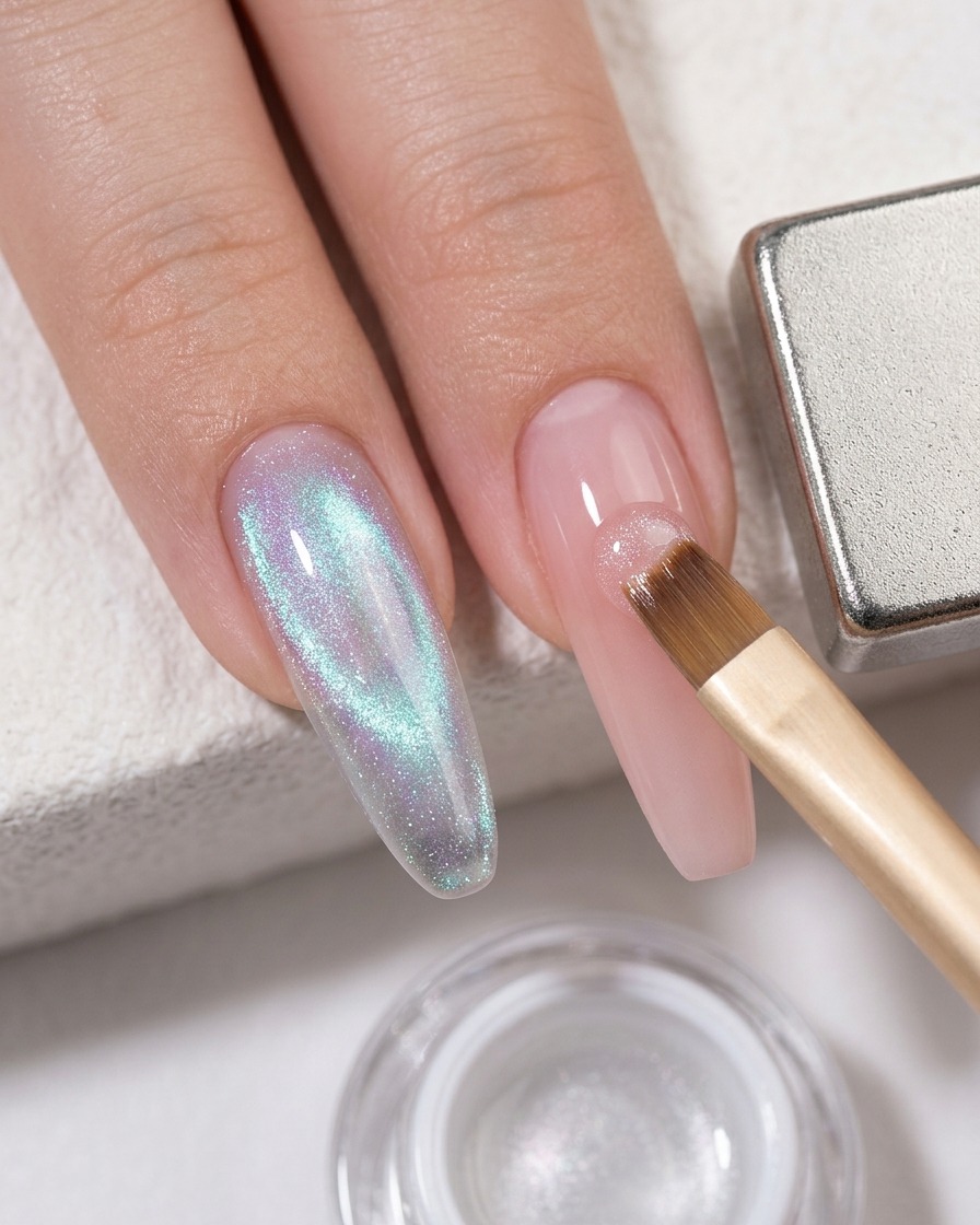 Un pincel aplicando una capa transparente de gel ojo de gato sobre una uña con degradado rosa blush.