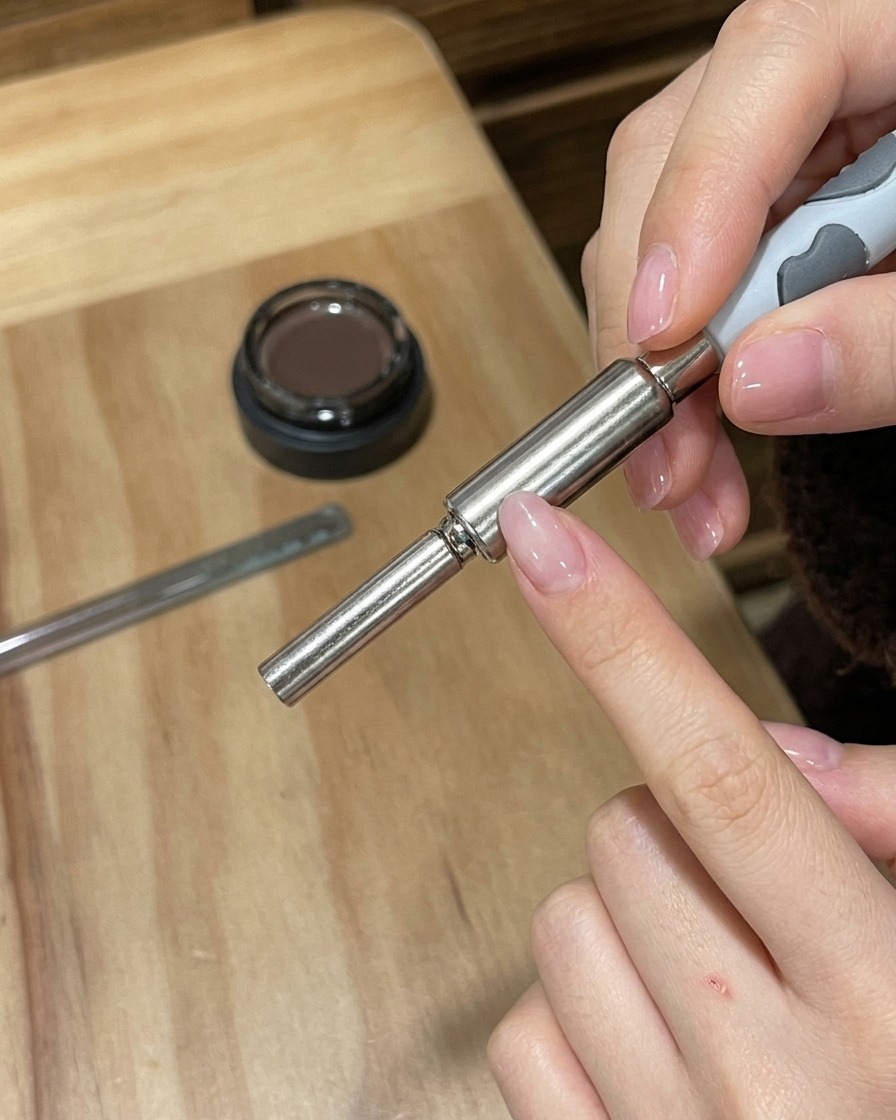 Una mano sosteniendo un imán cilíndrico plateado sobre una uña pintada para activar el diseño cat-eye.