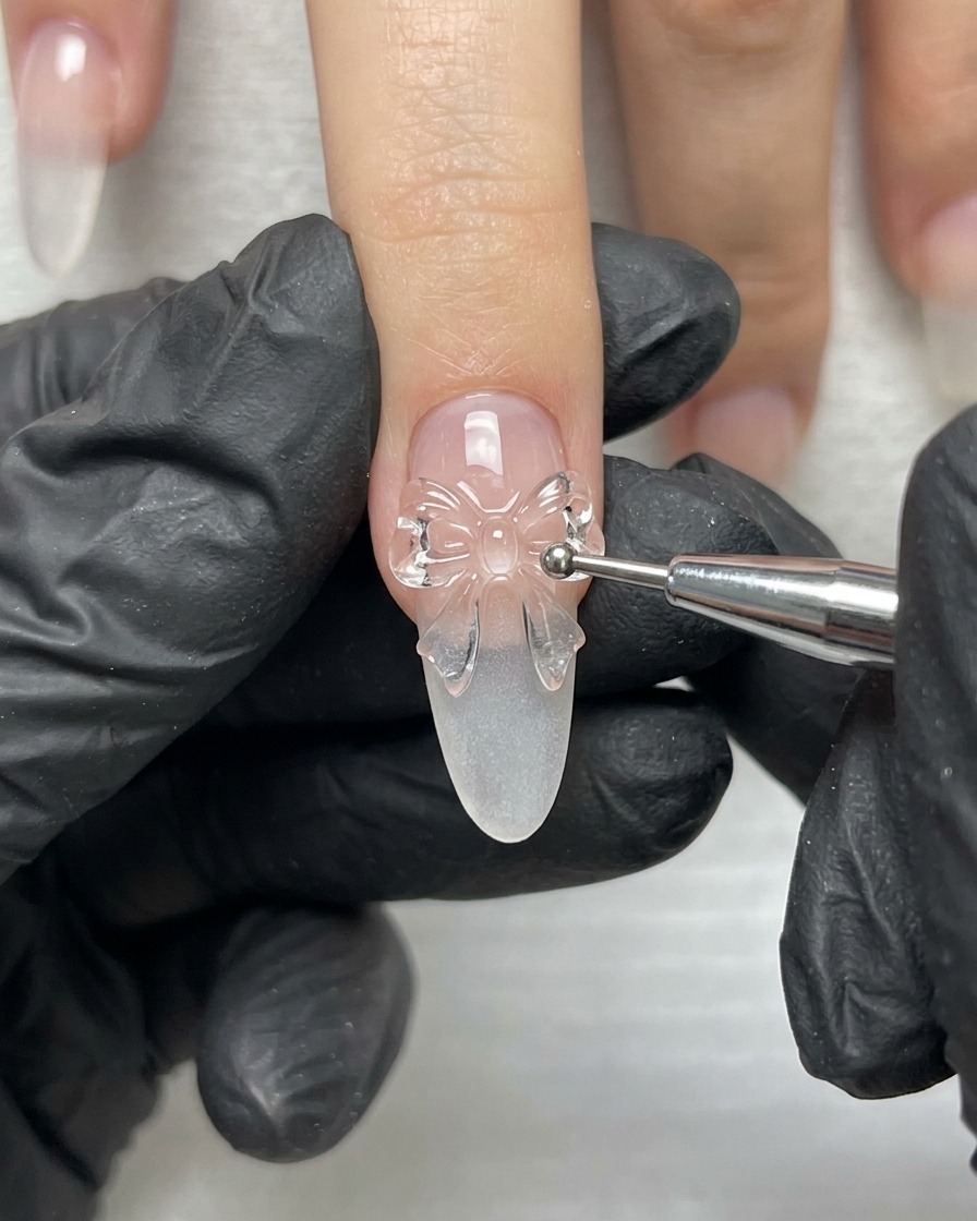 Una mano con guantes sosteniendo una herramienta de detalle fina trabajando en la estructura del lazo de cinta 3D en una uña alargada.