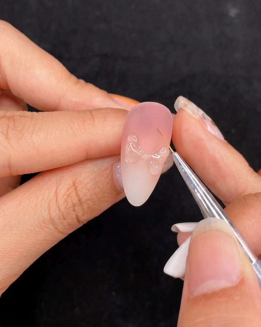 Un pincel fino aplicando una capa superior sobre la estructura de un lazo de arte de uñas 3D.