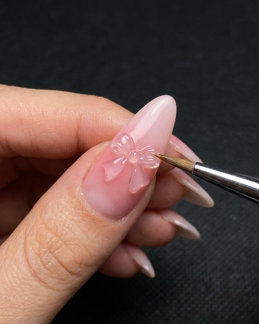 Un pincel delineador fino delineando los bordes de un lazo de gel 3D en una uña manicurada.