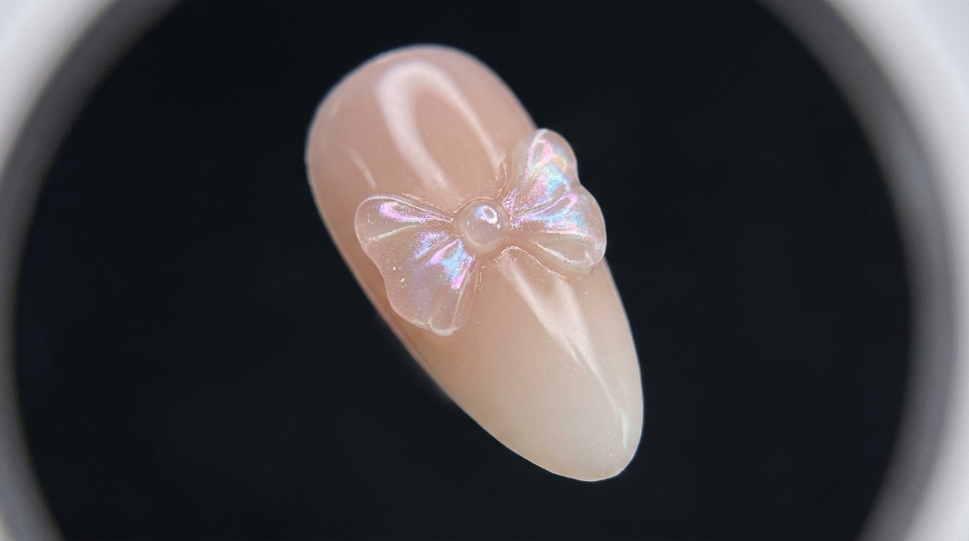 Una uña terminada con forma de almendra que presenta un delicado lazo 3D translúcido con brillos de aura cromada sobre una base degradada de nude a blanco.