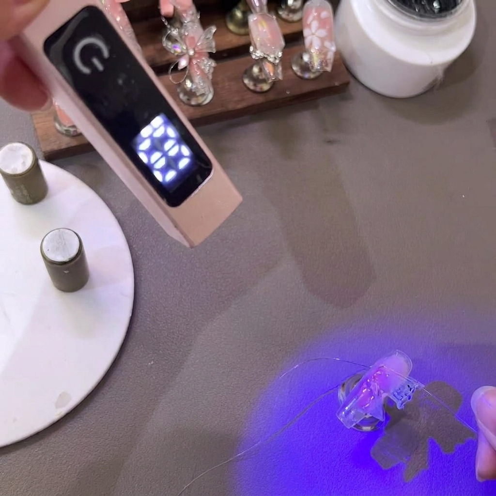 Unas pinzas tirando y dando forma a las puntas delicadas de un ala de mariposa de gel de PVC bajo una mini lámpara UV.