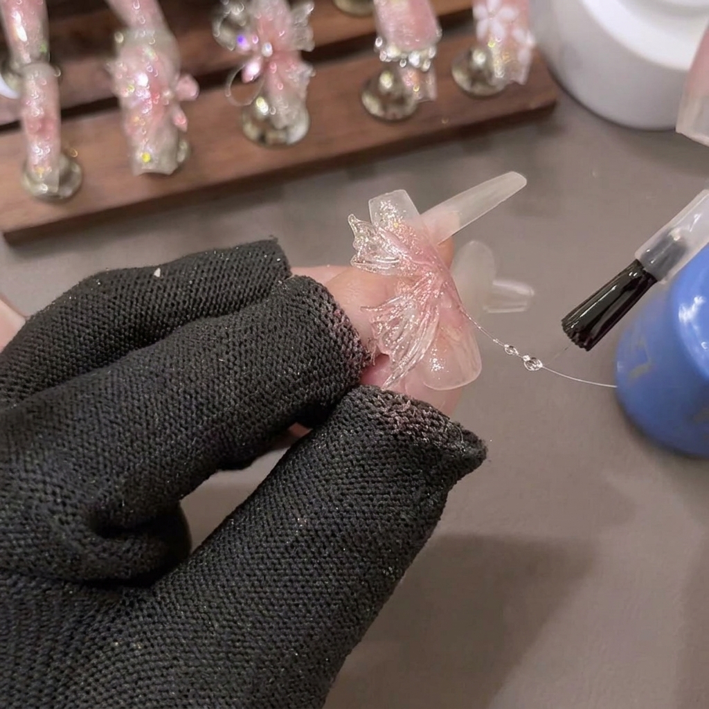 Una vista de cerca de la configuración de un gel de extensión suave de PVC en un patrón de ala de mariposa inferior usando un pincel de tallado y pinzas.