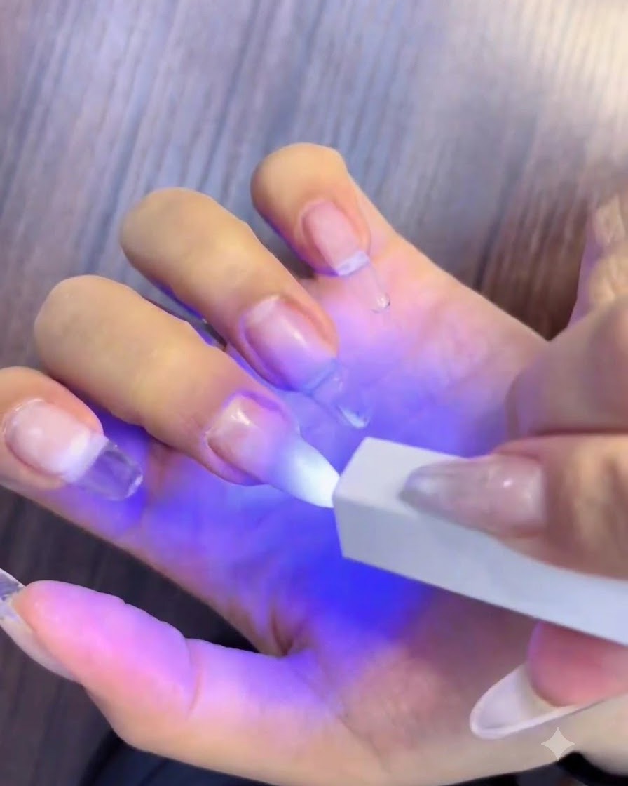 Una mano bajo una lámpara UV LED portátil curando las uñas con degradado blanco y rosa.