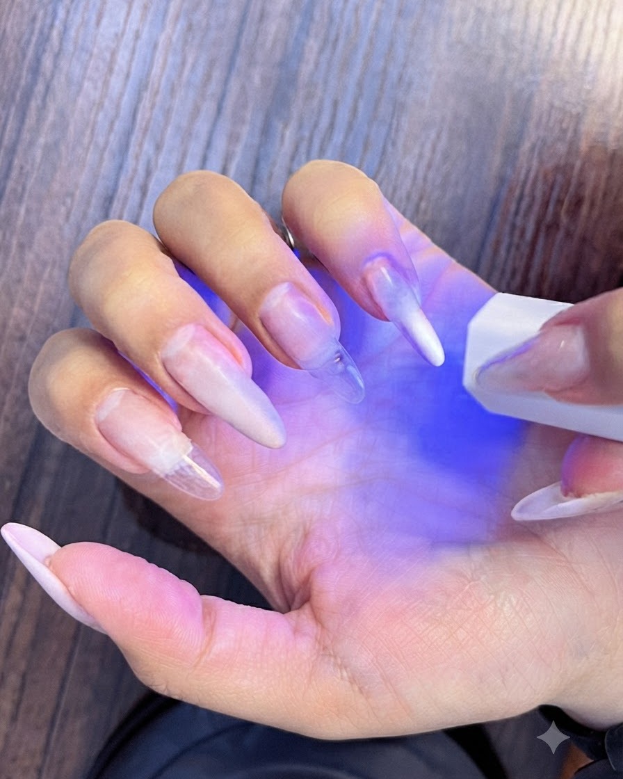 Uñas curándose bajo una mini lámpara UV LED para asegurar la aplicación del gel.