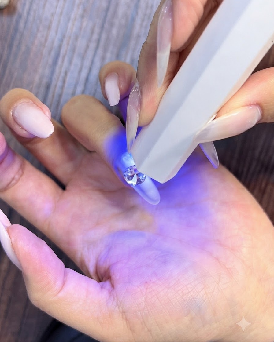Una luz de curado UV blanca de mano sosteniéndose cerca sobre un diamante grande y brillante colocado en una uña con degradado rosa.