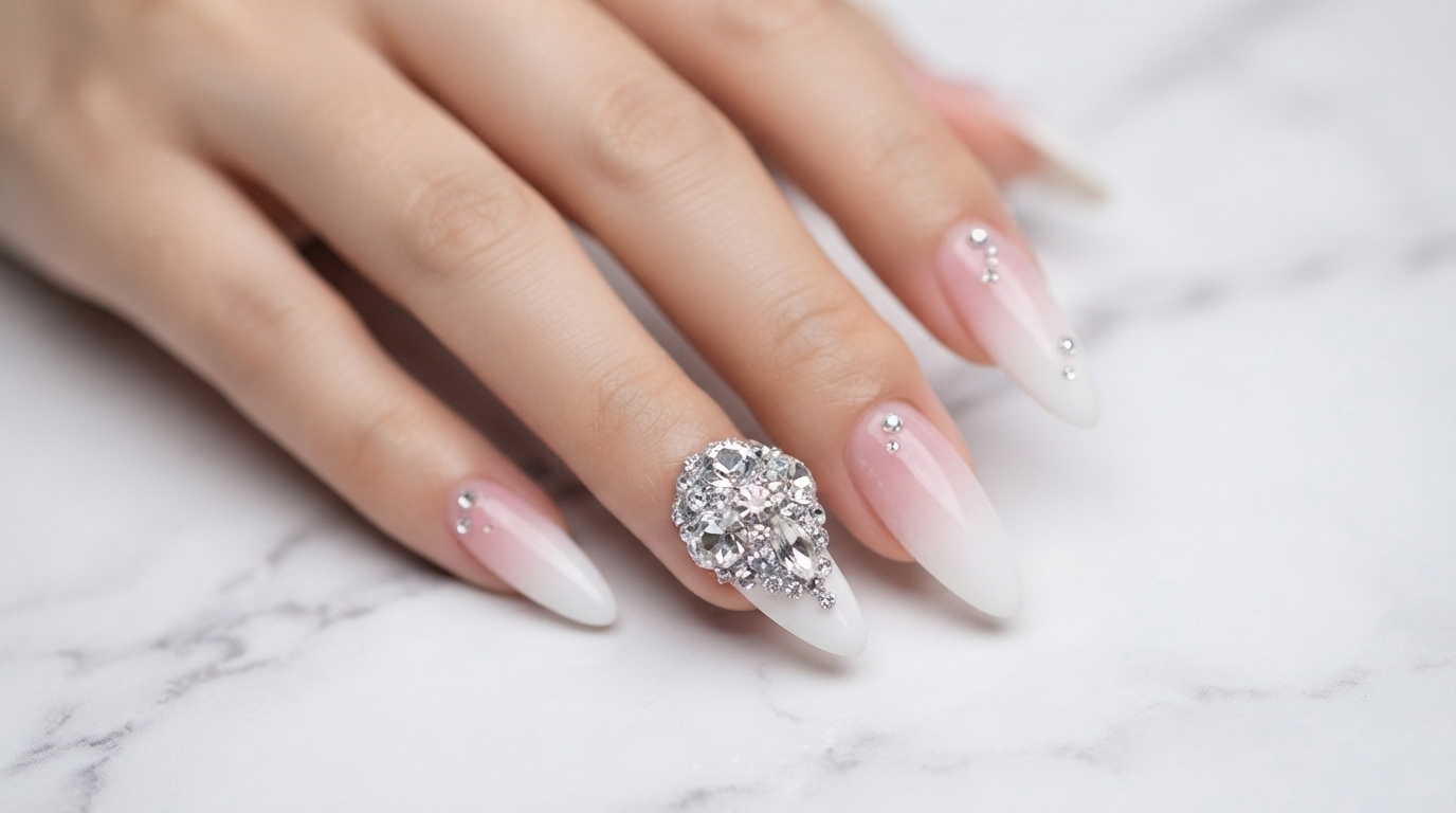 Uñas Stiletto Degradadas en Blanco y Rosa con Diamantes de imitación
