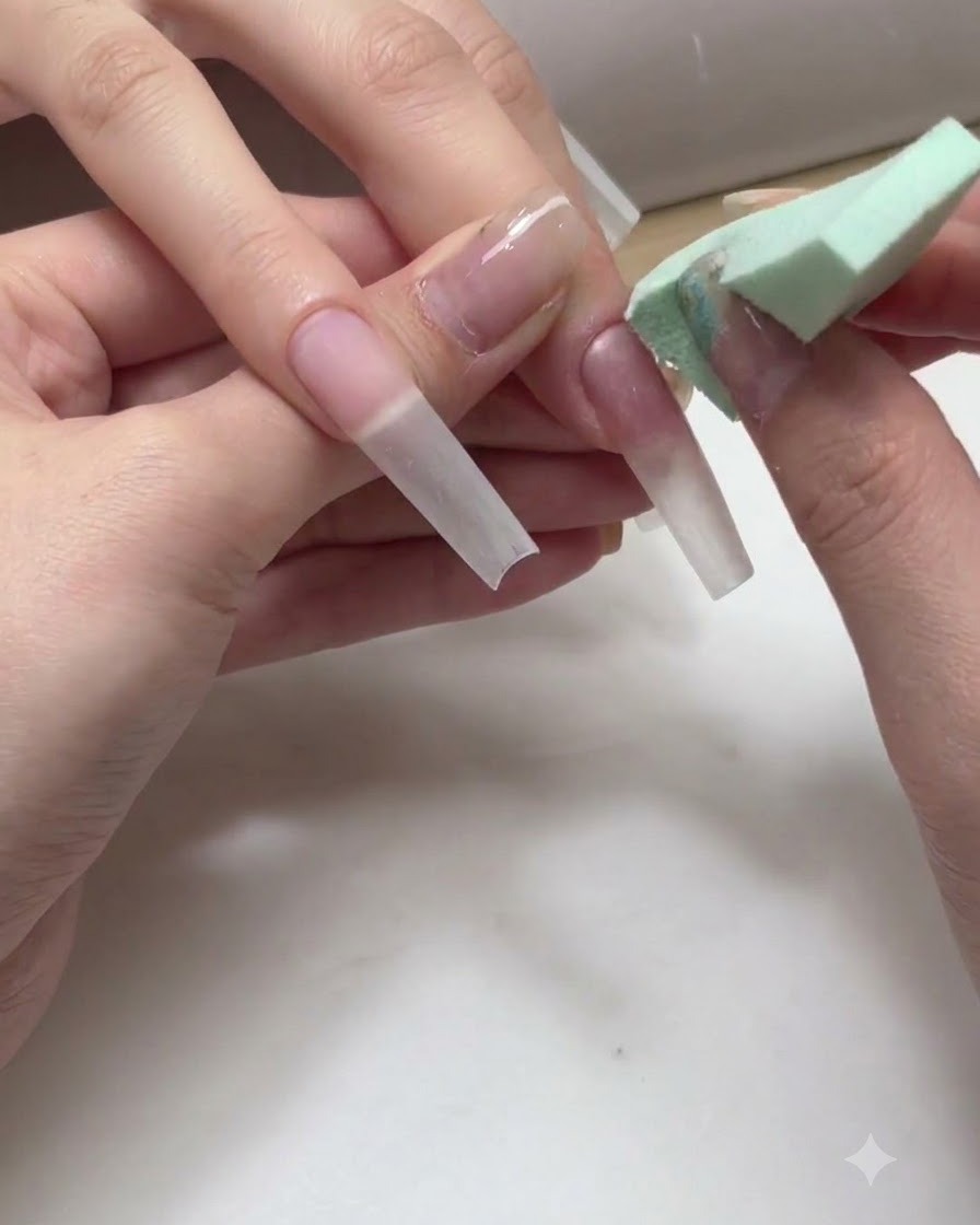 Mano utilizando una pequeña esponja para dar toquecitos y mezclar dos colores de gel en una uña larga, creando un efecto ombré.