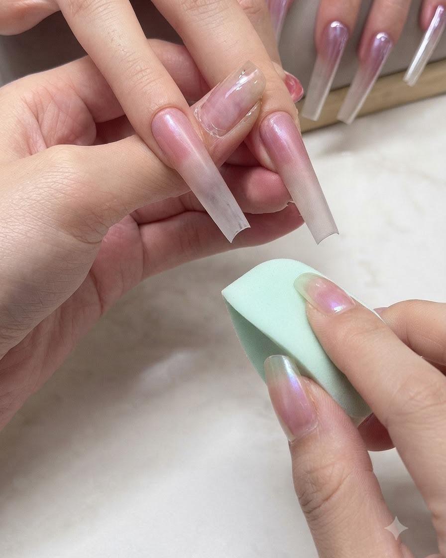 Primer plano de un aplicador de esponja frotando polvo brillante rosa sobre una uña esculpida con efecto ombré.