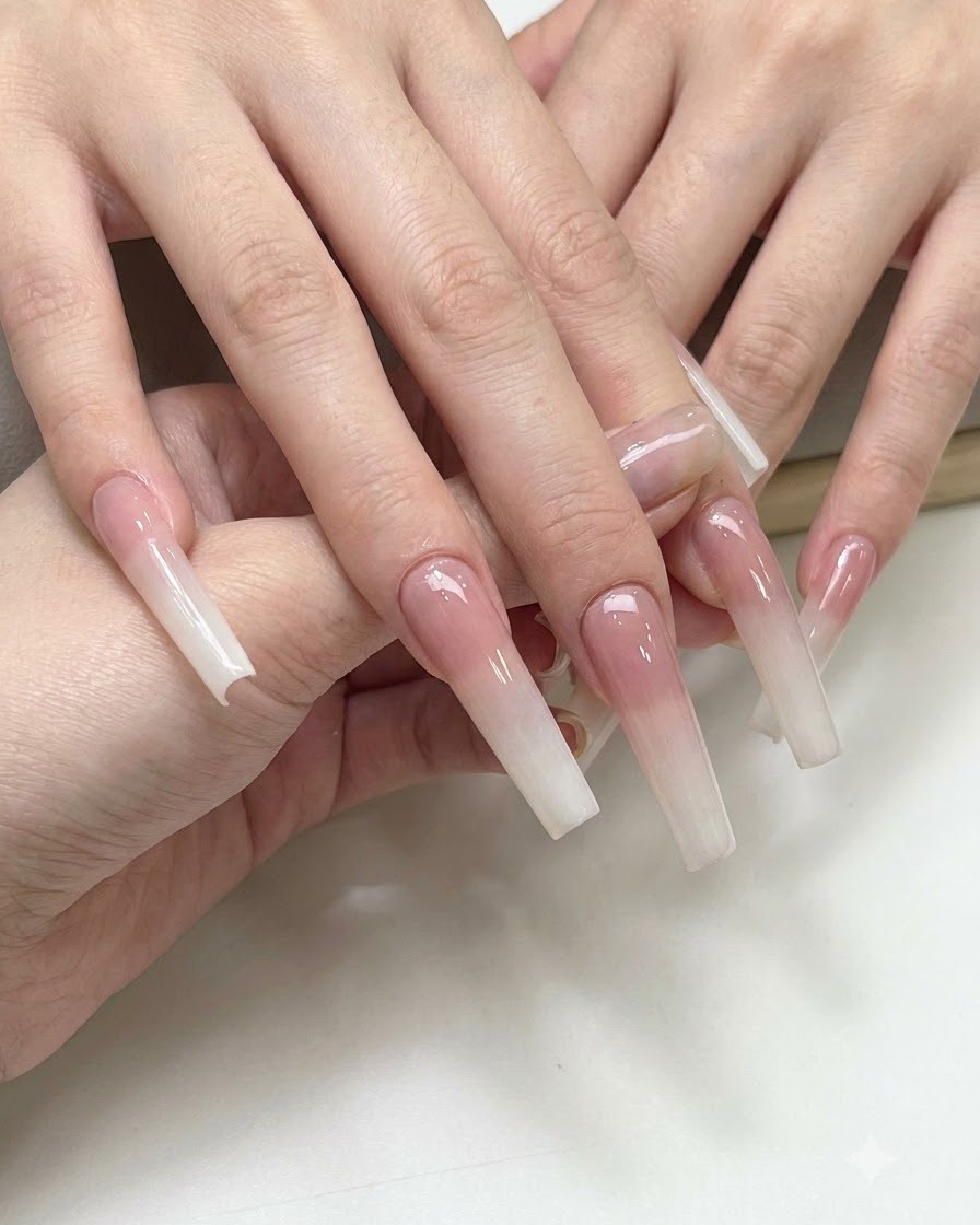 Manos mostrando extensiones de uñas con degradado terminado y un sutil brillo nacarado.