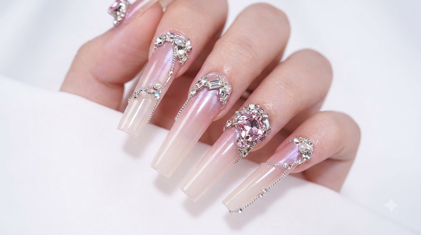 Tutorial de Uñas de Gel: Diseño Glamoroso Melocotón Blanco con Pedrería y Cadenas