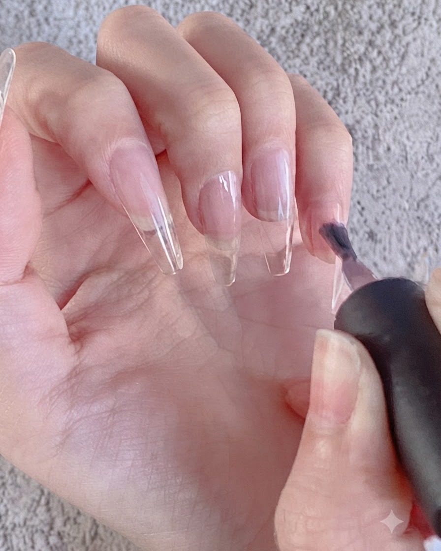 Un pincel de uñas aplicando una capa de esmalte en gel oscuro sobre una extensión de uña transparente.