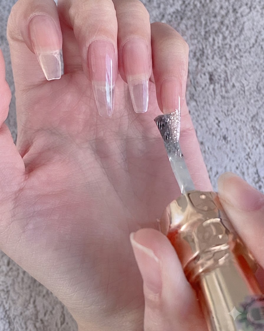 Un pincel aplicando una capa de color base nude lechoso sobre una extensión de uña.