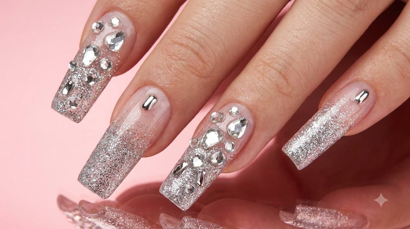 Tutorial de manicura de lujo con degradado de purpurina plateada y pedrería