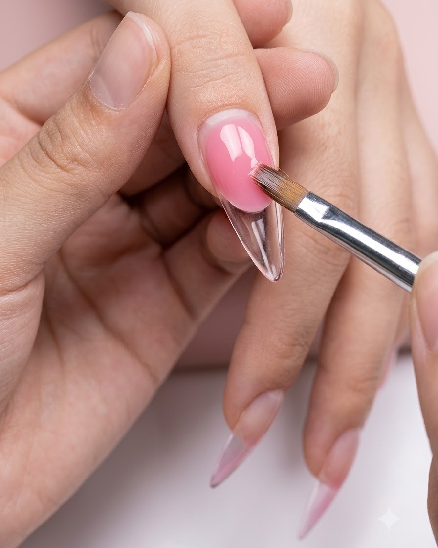 Un pincel aplicando cuidadosamente una tercera capa de gel rosa en la parte superior de una uña con degradado.