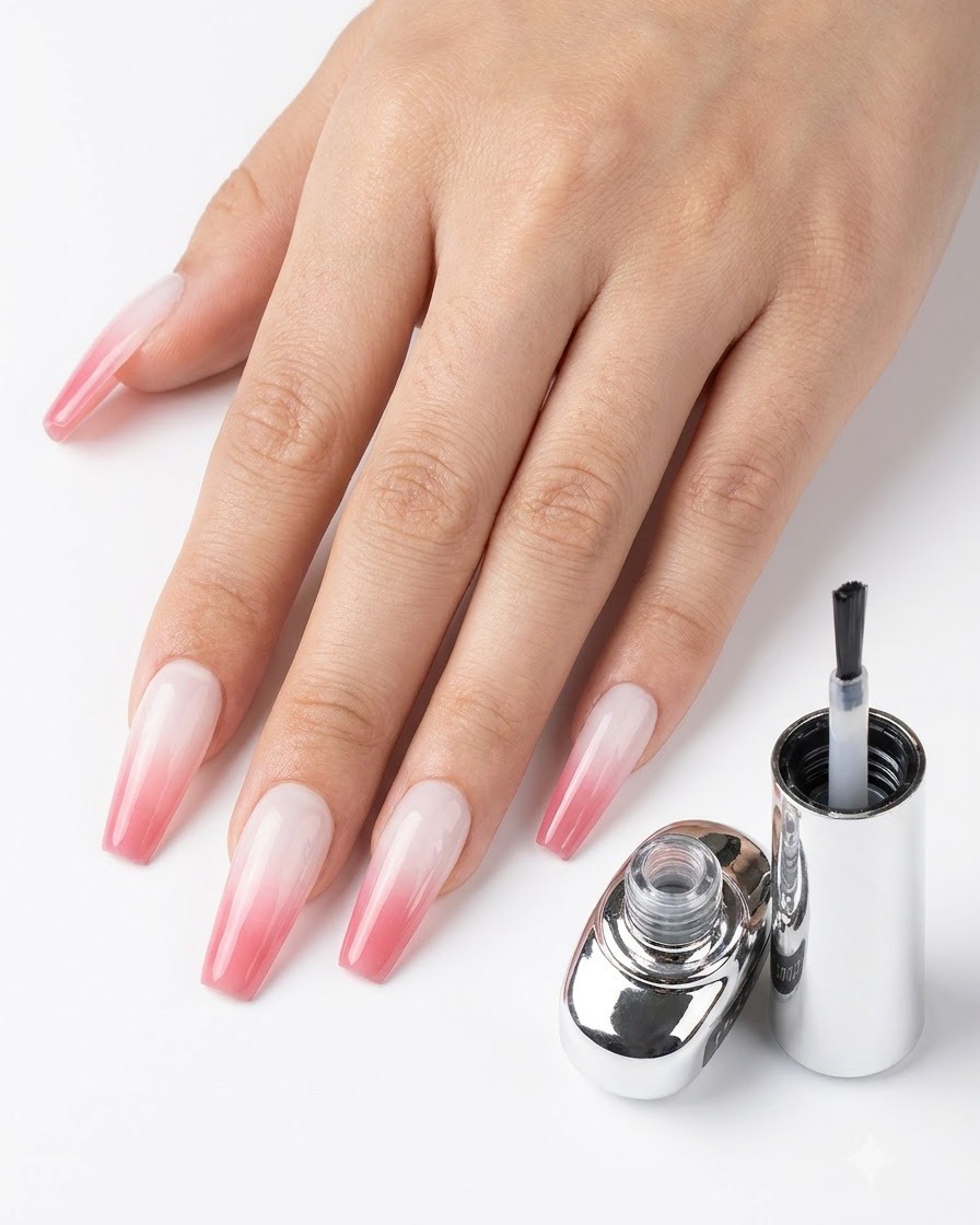 Una mano mostrando uñas degradadas terminadas junto a un frasco de top coat sobre un fondo blanco limpio.