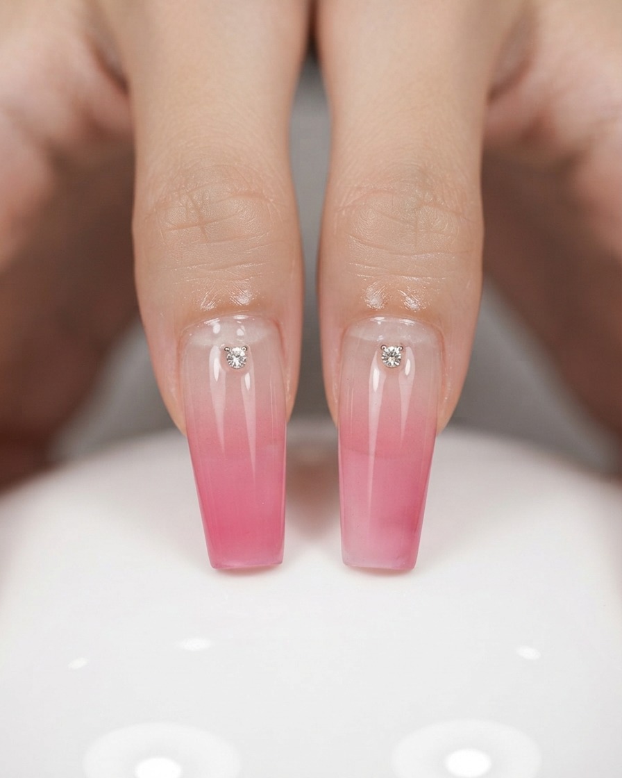 Una lima de uñas eléctrica con una broca tallando un pequeño bolsillo en la sección inferior de una uña pintada.