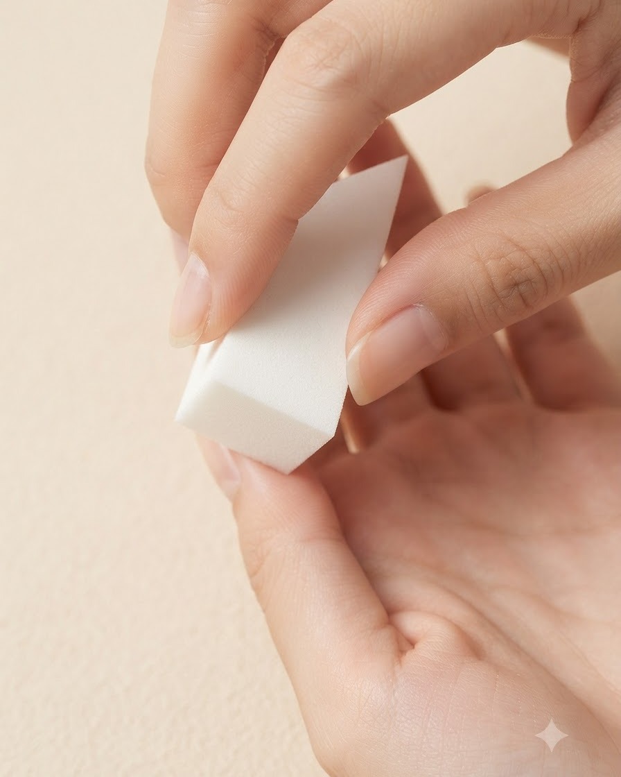Una mano sosteniendo una esponja de maquillaje blanca aplicando toques suaves sobre la superficie de la uña.