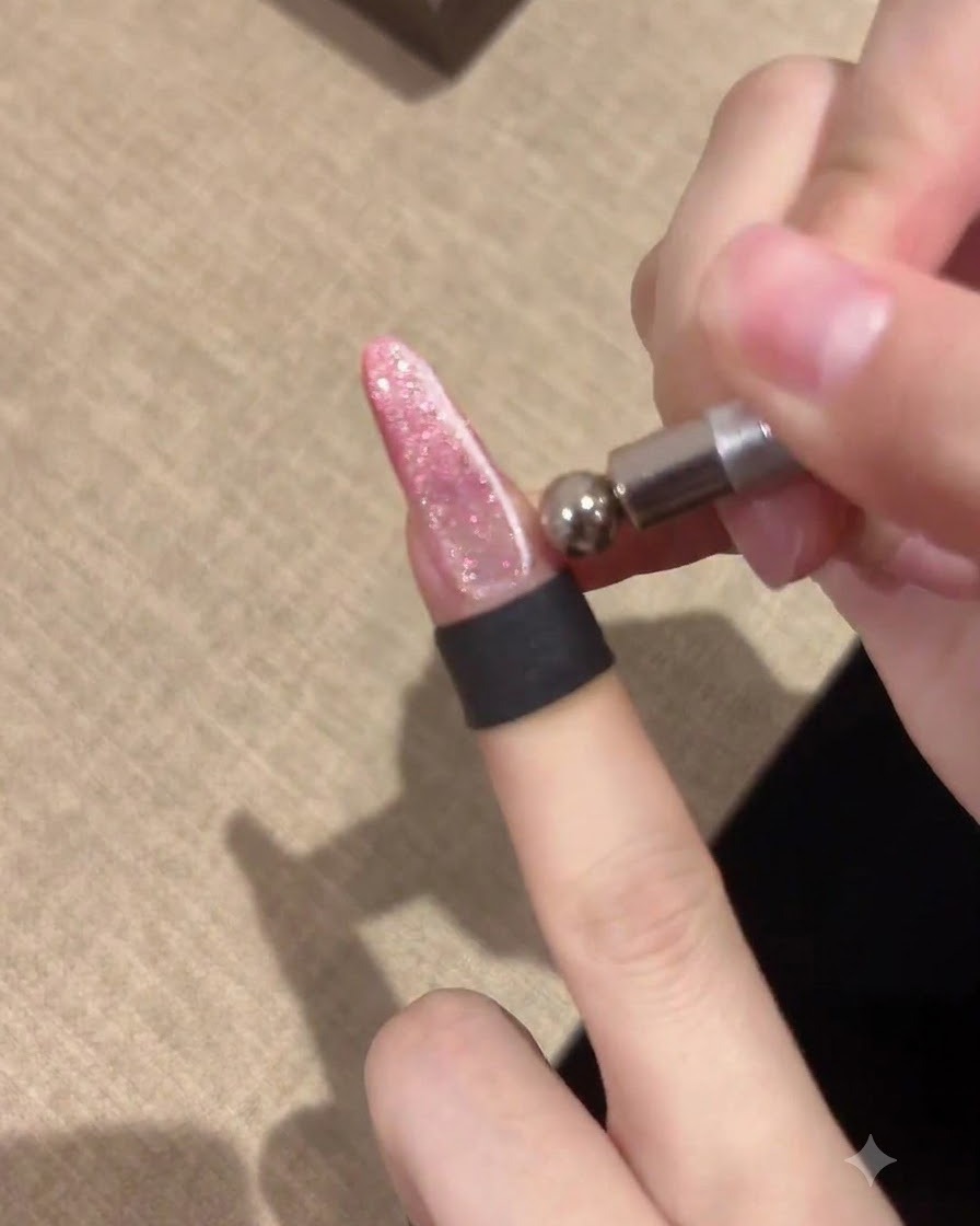 Una vista de cerca de una mano usando una varilla magnética pequeña con punta esférica para dar forma al esmalte de gel cat-eye en una uña rosa alargada.