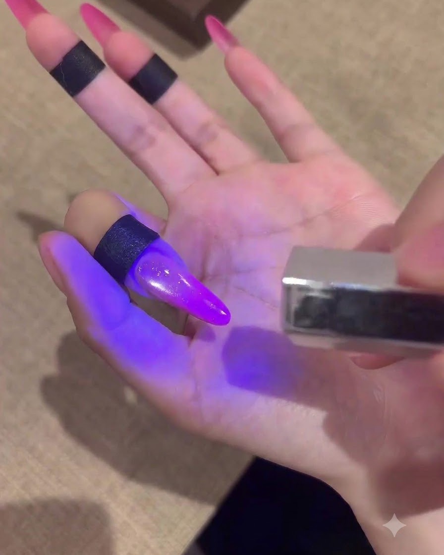 Un pincel de uñas aplicando una capa de top coat brillante transparente bajo el brillo de una lámpara UV morada.