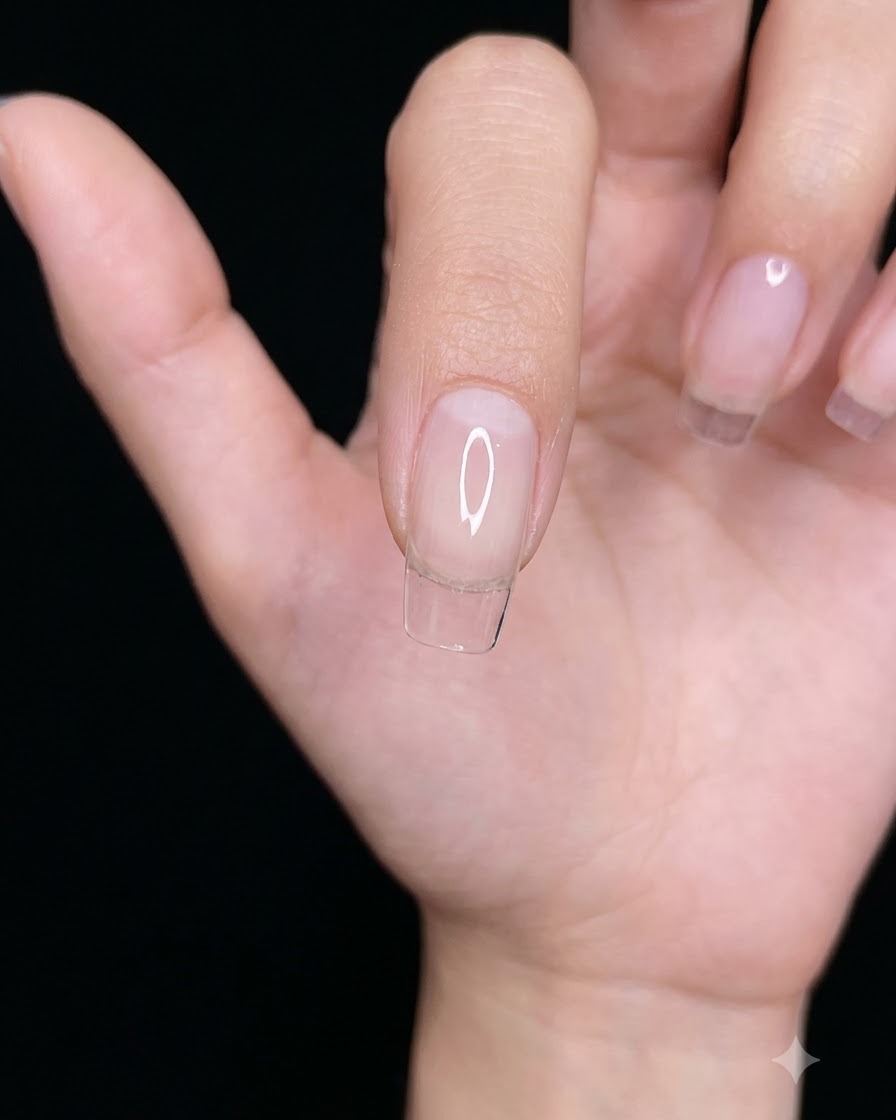 Primer plano de una mano vertiendo polvo de purpurina fina dorada y plateada sobre una capa de base de gel transparente en una uña.