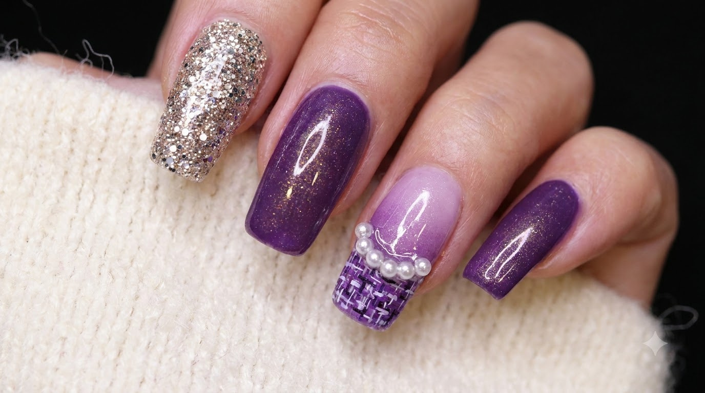 Uñas de Gel Ombré Moradas con Efecto Tweed y Perlas — Tutorial de Manicura de Lujo