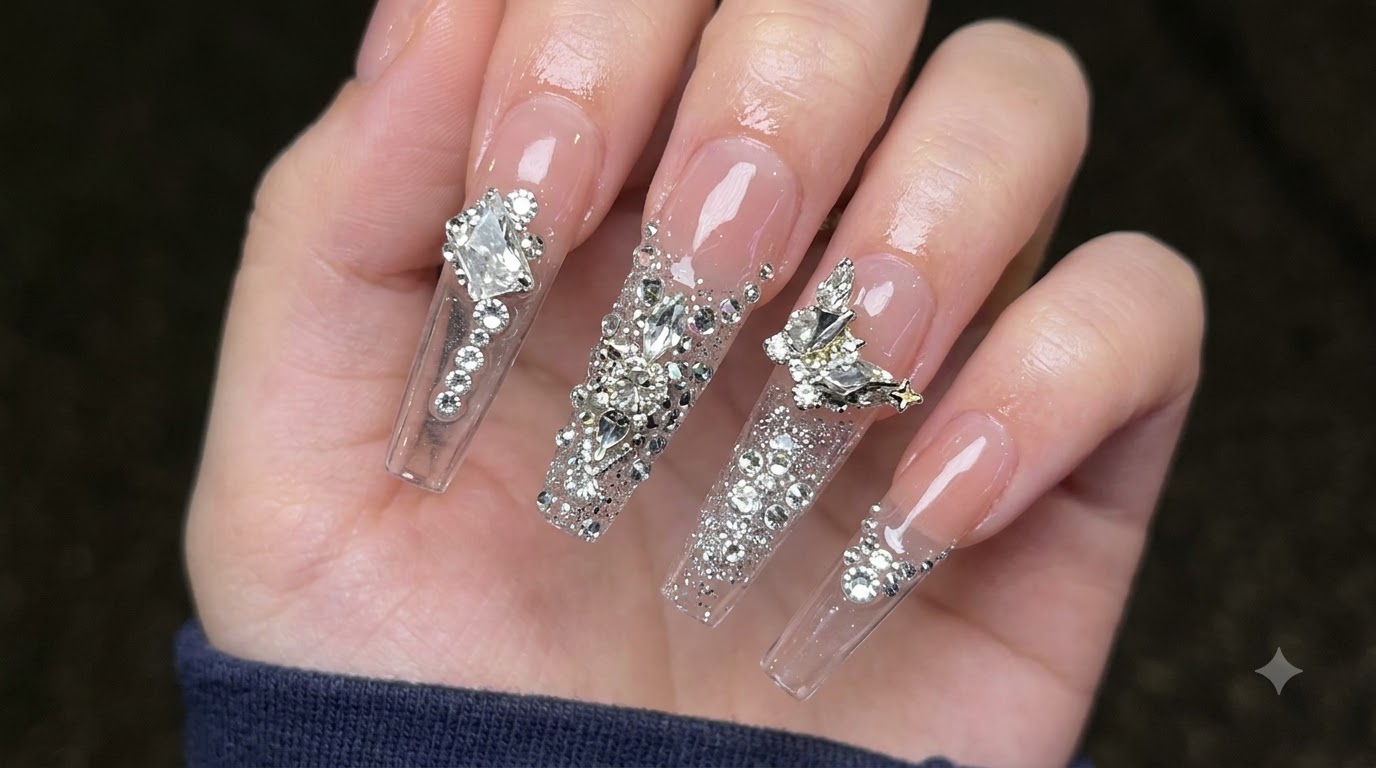 Uñas Postizas Coffin Nude con Pedrería de Lujo — Estilo Glamuroso