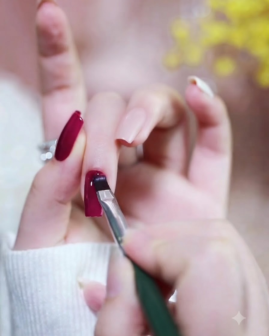 Un pincel esparciendo esmalte en gel magenta vibrante de manera uniforme sobre la superficie de la uña.