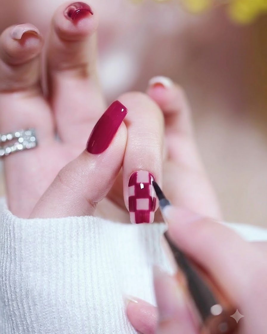Un pincel aplicando un top coat transparente y brillante sobre un diseño terminado de uñas en magenta y tablero de ajedrez.