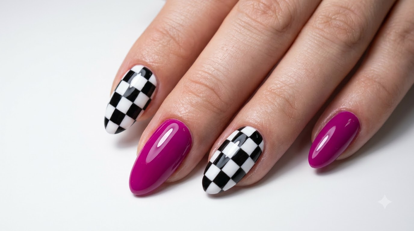 Uñas de Gel Magenta con Tablero de Ajedrez — Tutorial Paso a Paso